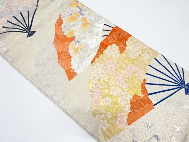 JAPANESE KIMONO / VINTAGE FUKURO OBI / SILK / WOVEN MAPLE LEAVES & BRANCH UME